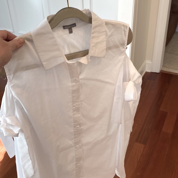 Charlotte Russe ladies, white button down with open shoulders and bow ties - Picture 6 of 10